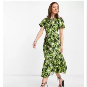 Topshop Green Cotton Floral Midi Dress